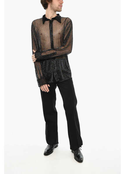 Camasi casual DSQUARED2 All-Over Rhinestone Sheer Shirt Black Barbati (BM 19644119) 4