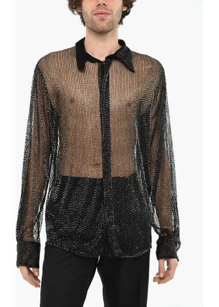 Camasi casual DSQUARED2 All-Over Rhinestone Sheer Shirt Black Barbati (BM 19644119) 1