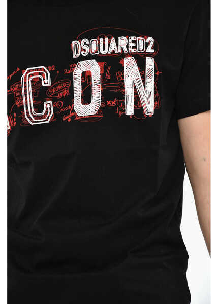 Tricouri DSQUARED2 Icon Printed Cotton Crew-Neck T-Shirt Black Barbati (BM 19644125) 3