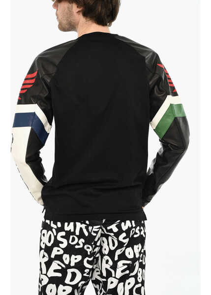 Tricouri DSQUARED2 Cotton Crew-Neck T.shirt With Leather Sleeves Black Barbati (BM 19644185) 2