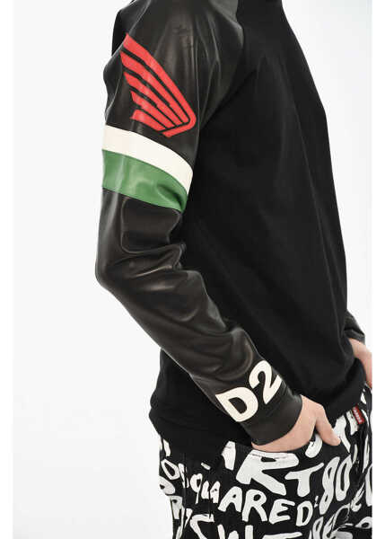 Tricouri DSQUARED2 Cotton Crew-Neck T.shirt With Leather Sleeves Black Barbati (BM 19644185) 3