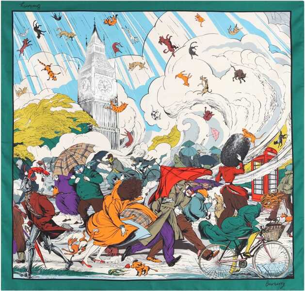 Esarfe Burberry Raining Cats and Dogs silk Scarf KEW GREEN Femei (BM 19654802) 1