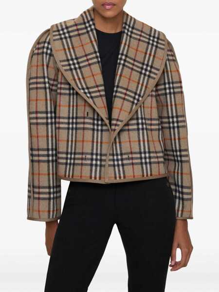 Jachete Burberry Cropped cotton Jacket with check quilting LICHEN BEIGE Femei (BM 19654805) 2