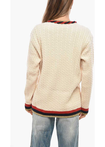 Pulovere casual Gucci Cable Knit Cashmere Blend Crew Neck Pullover With Lurex Deta White Femei (BM 19654868) 3