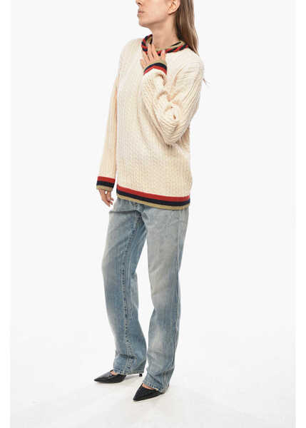 Pulovere casual Gucci Cable Knit Cashmere Blend Crew Neck Pullover With Lurex Deta White Femei (BM 19654868) 4