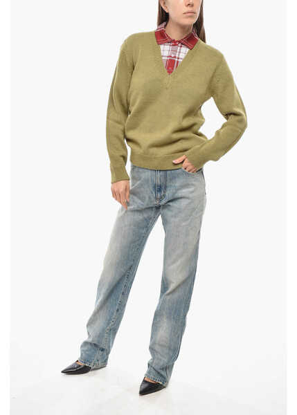 Tricouri Polo Loewe Double-Layered Alpaca Blend Sweater With Polo Detail Green Femei (BM 19654880) 4