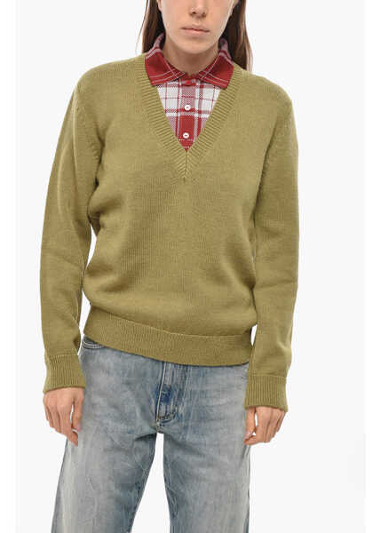 Tricouri Polo Loewe Double-Layered Alpaca Blend Sweater With Polo Detail Green Femei (BM 19654880) 1