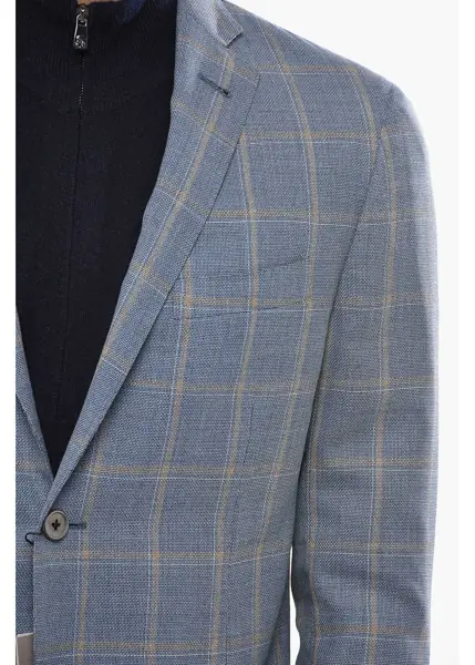 Sacouri CORNELIANI Wool Single Breasted Gate Blazer With Check Motif Light Blue Barbati (BM 19680785) 3