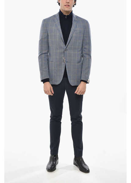 Sacouri CORNELIANI Wool Single Breasted Gate Blazer With Check Motif Light Blue Barbati (BM 19680785) 4