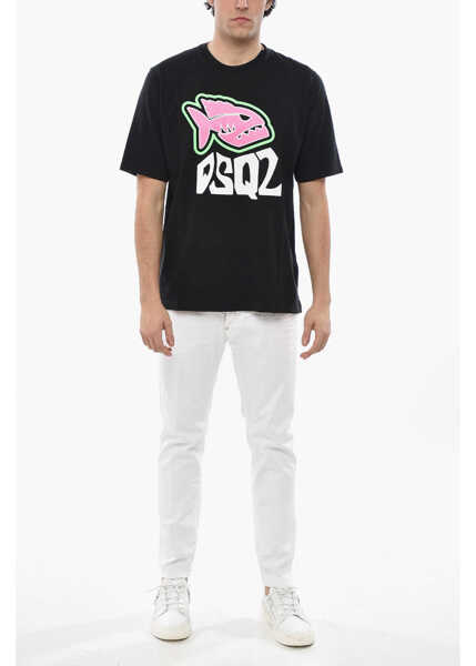Tricouri DSQUARED2 Crew Neck Shark Cotton T-Shirt With Front Print Black Barbati (BM 19689569) 4