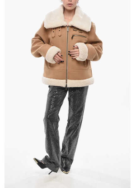 Paltoane DSQUARED2 Eco-Shearling Jacket With Front Zip Beige Femei (BM 19695164) 4