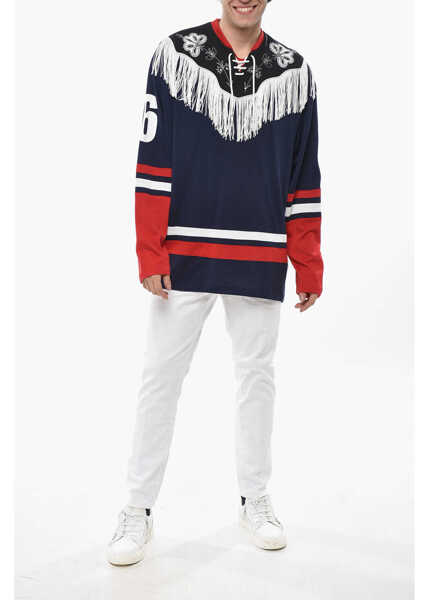 Tricouri DSQUARED2 Long-Sleeved Western T-Shirt With Fringes Blue Barbati (BM 19695206) 4