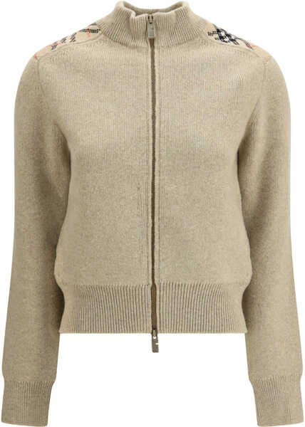 Cardigane Burberry Cashmere and wool Cardigan with Check applications LIGHT BROWN MELANGE Femei (BM 19695443) 1