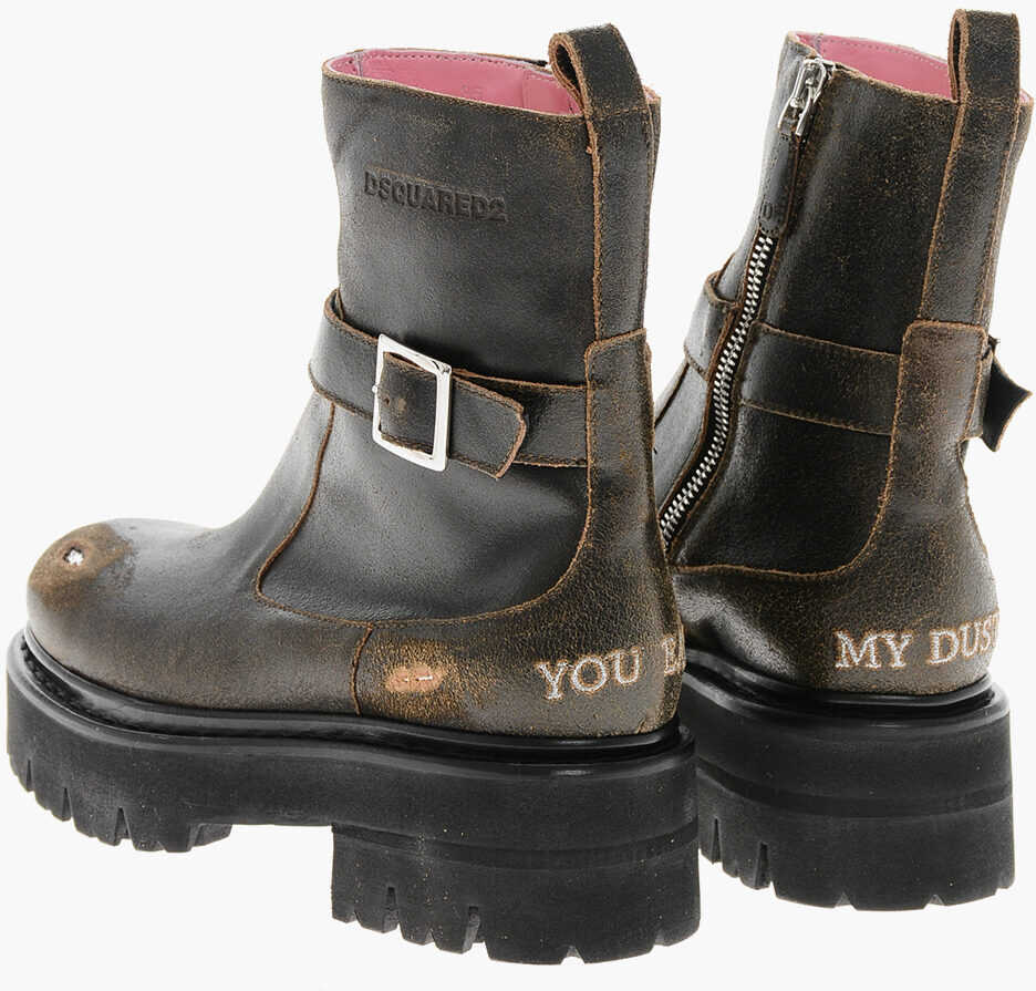 Botine DSQUARED2 Vintage Effect Leather Booties With Buckle Brown Femei (BM 19705748) 2