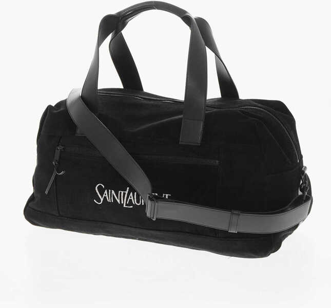 Genti de voiaj de mana Saint Laurent Solid Color Duffle Bag With Embroidered Logo And Leather Tri Black Barbati (BM 19707860) 3