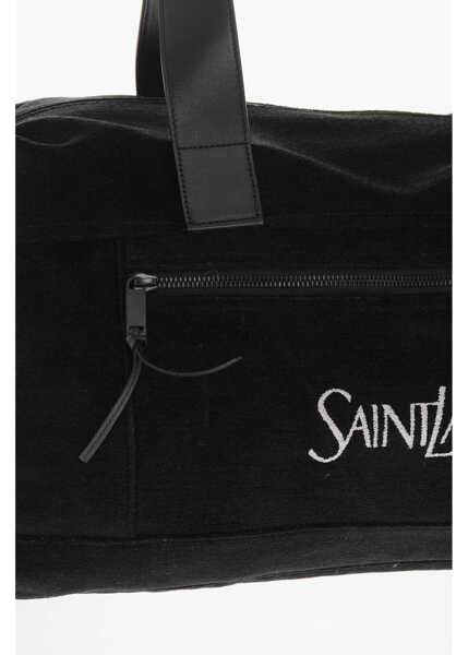 Genti de voiaj de mana Saint Laurent Solid Color Duffle Bag With Embroidered Logo And Leather Tri Black Barbati (BM 19707860) 4