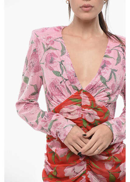 Rochii scurte ROTATE Birger Christensen Floral Patterned Draped Dress With Sequins Pink Femei (BM 19708553) 3