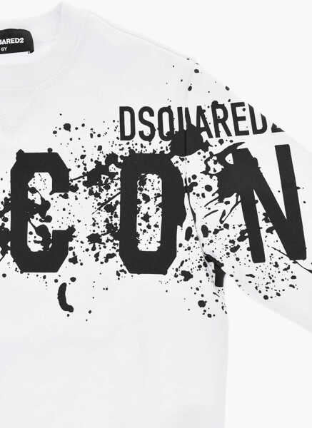 Bluze de trening DSQUARED2 Icon Solid Color Crew-Neck Sweatshirt With Paint Effect Deta White Baieti (BM 19708676) 2