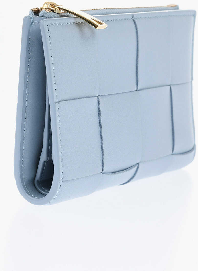 Portofele Bottega Veneta Braided Leather Wallet With Zip Light Blue Femei (BM 19708694) 2