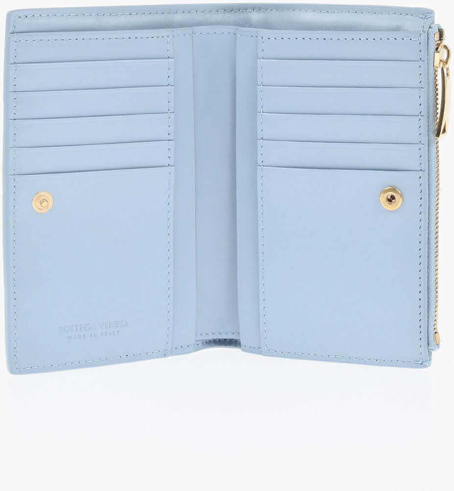 Portofele Bottega Veneta Braided Leather Wallet With Zip Light Blue Femei (BM 19708694) 4