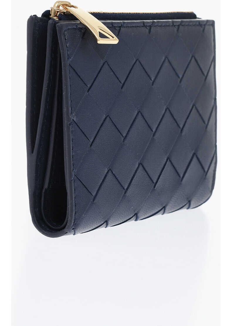 Portofele Bottega Veneta Braided Leather Wallet With Zip Blue Femei (BM 19709813) 2