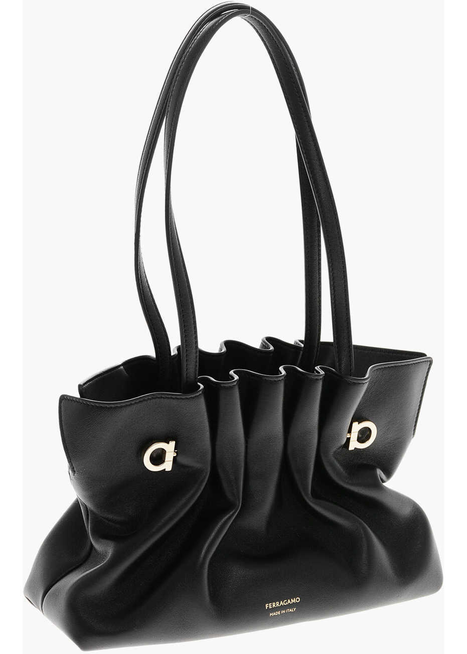 Genti de umar Salvatore Ferragamo Leather Draped Bag With Golden Effect Monogram Black Femei (BM 19710053) 2