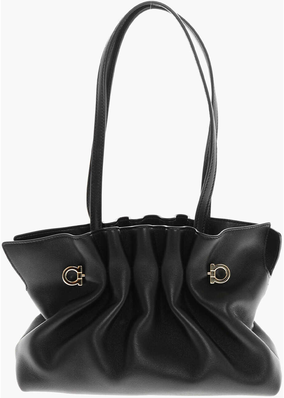 Genti de umar Salvatore Ferragamo Leather Draped Bag With Golden Effect Monogram Black Femei (BM 19710053) 1