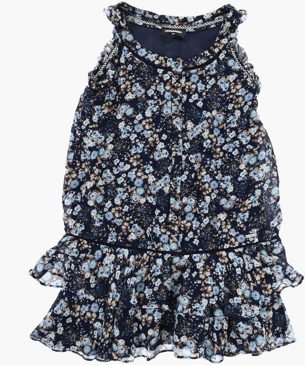 Rochii DSQUARED2 Floral Patterned Tulle Dress With Front Button Closure Blue Fete (BM 19710644) 1