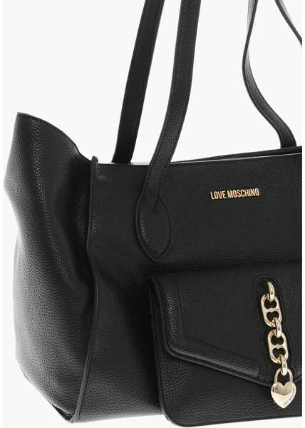 Genti de mana Moschino Love Textured Faux Leather Tote Bag With Chain Black Femei (BM 19710695) 3