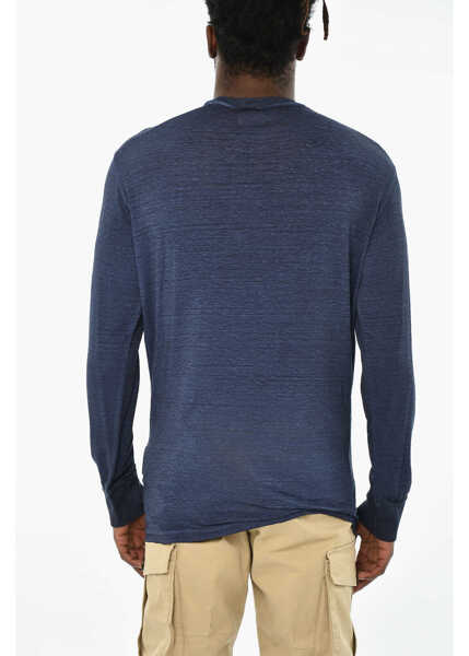 Tricouri DSQUARED2 Linen Long Sleeve Crew-Neck T-Shirt Blue Barbati (BM 19713086) 2