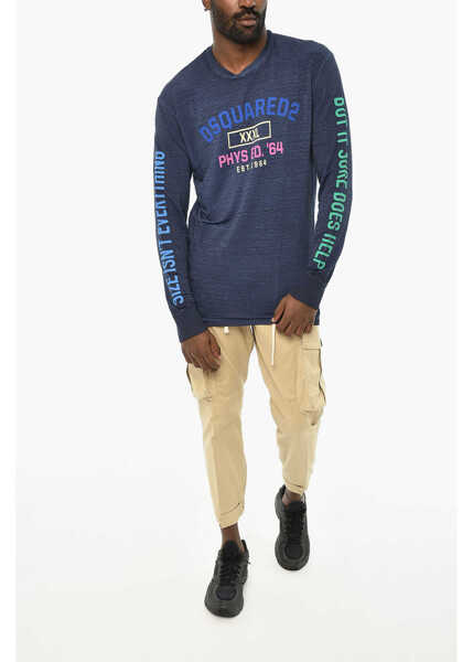Tricouri DSQUARED2 Linen Long Sleeve Crew-Neck T-Shirt Blue Barbati (BM 19713086) 4