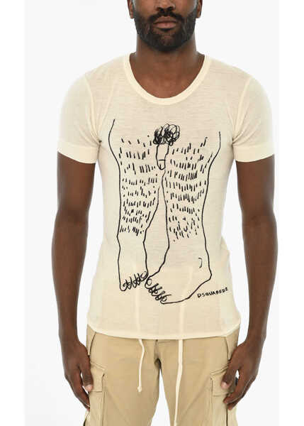 Tricouri DSQUARED2 Virgin Wool Crew-Neck T-Shirt With Contrasting Print Beige Barbati (BM 19713089) 1