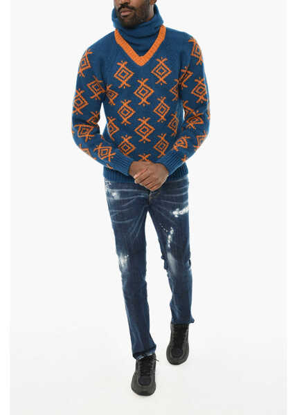 Pulovere DSQUARED2 Wool Turtleneck Sweater With Contrasting Embroidery Blue Barbati (BM 19713125) 4