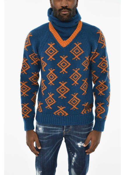 Pulovere DSQUARED2 Wool Turtleneck Sweater With Contrasting Embroidery Blue Barbati (BM 19713125) 1