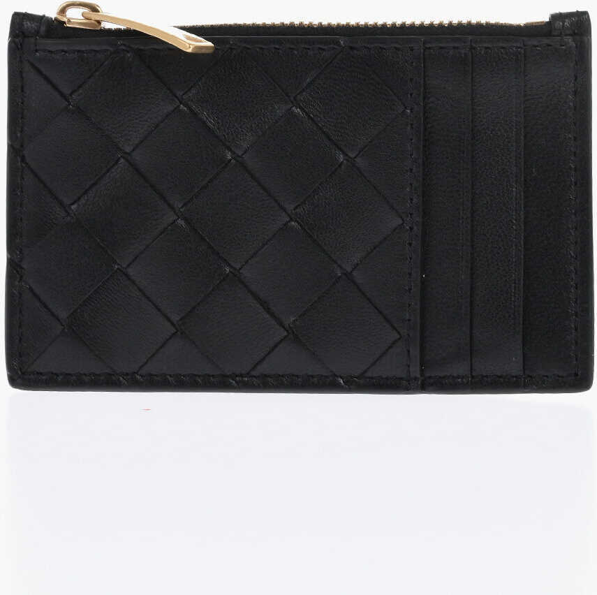 Portofele Bottega Veneta Braided Leather Card Holder With Zip Black Femei (BM 19714769) 1