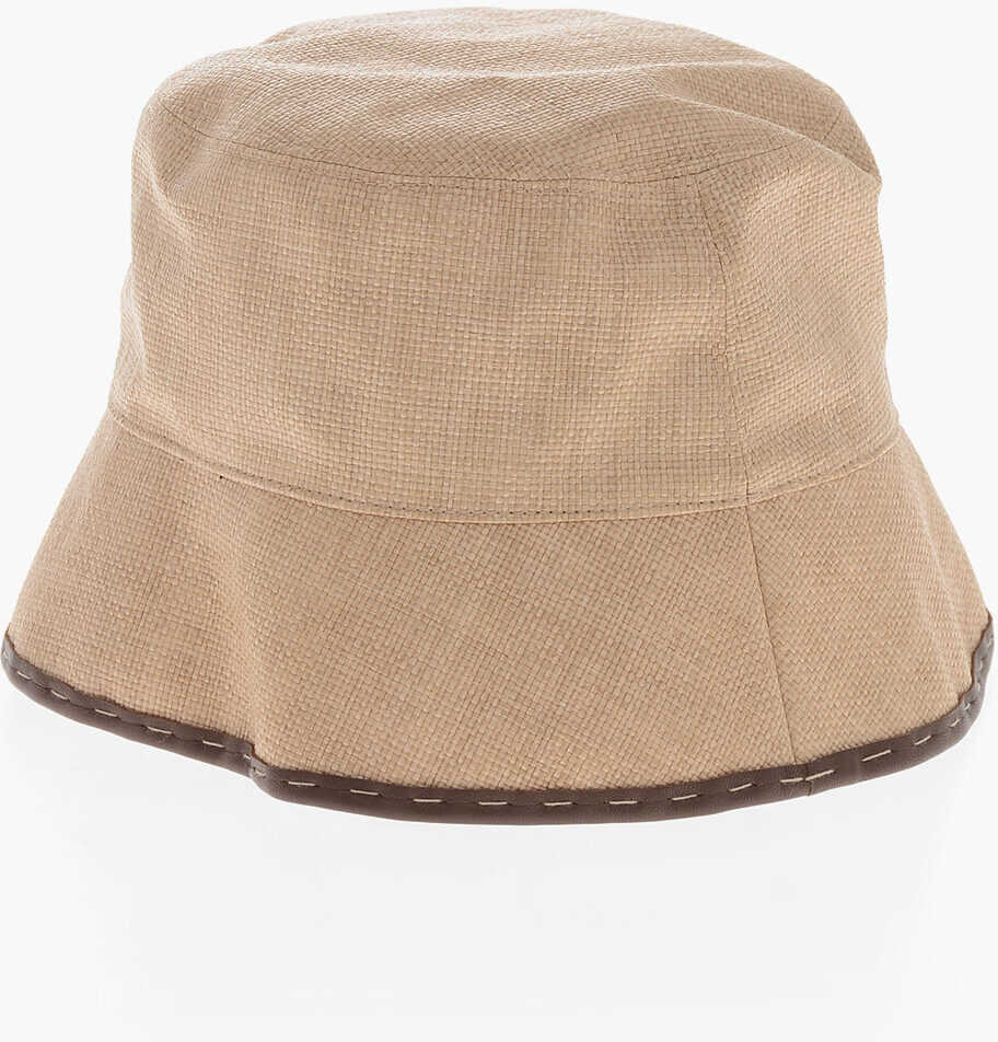 Caciuli Fendi Raffia Effect Bucket Hat With Leather Details Beige Barbati (BM 19715030) 3