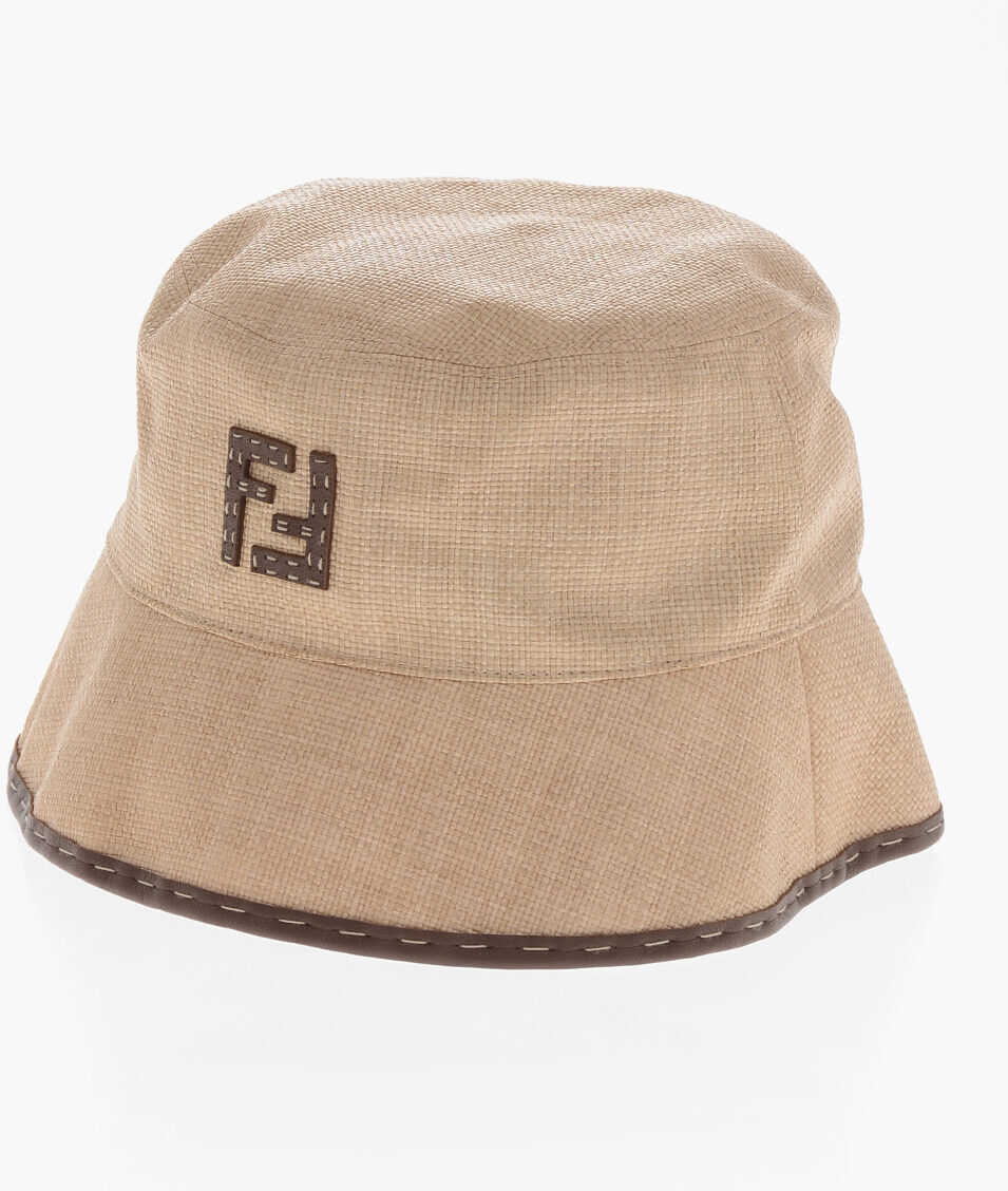 Caciuli Fendi Raffia Effect Bucket Hat With Leather Details Beige Barbati (BM 19715030) 1