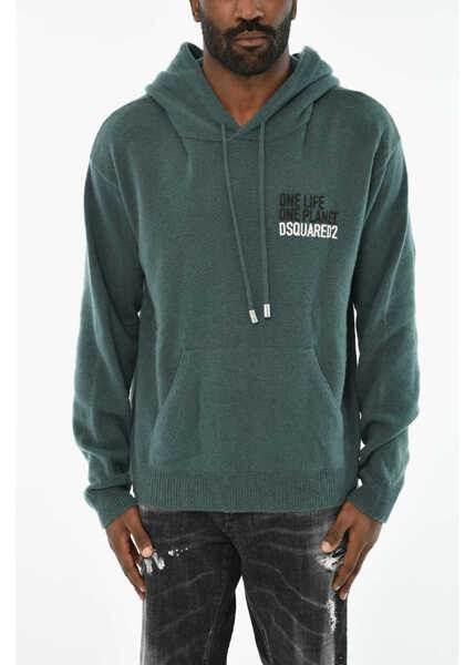 Pulovere DSQUARED2 Cashmere Sweater With Patch Pocket And Hood Green Barbati (BM 19715234) 1