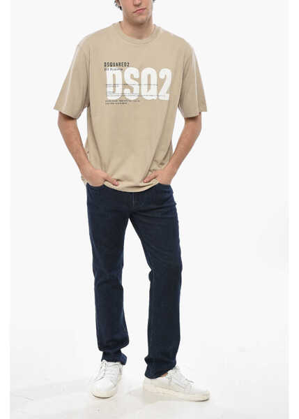 Tricouri DSQUARED2 Cotton Crew-Neck T-Shirt With Embossed Monogram Beige Barbati (BM 19715855) 4