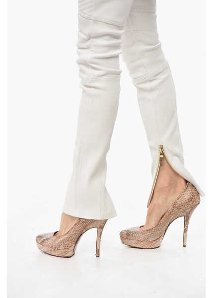 Pantaloni casual Balmain Leather Skinny Fit Biker Pants With Ankle Zip White Femei (BM 19720865) 2