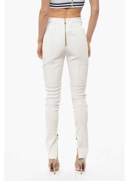Pantaloni casual Balmain Leather Skinny Fit Biker Pants With Ankle Zip White Femei (BM 19720865) 3