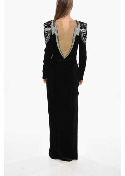 Rochii lungi Balmain Open Back Velvet Maxi Dress With Jewels Black Femei (BM 19722056) 3