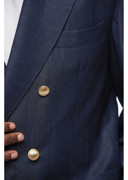 Sacouri Brunello Cucinelli Double-Breasted Linen Blend Blazer With Peak Lapel Blue Barbati (BM 19722068) 3