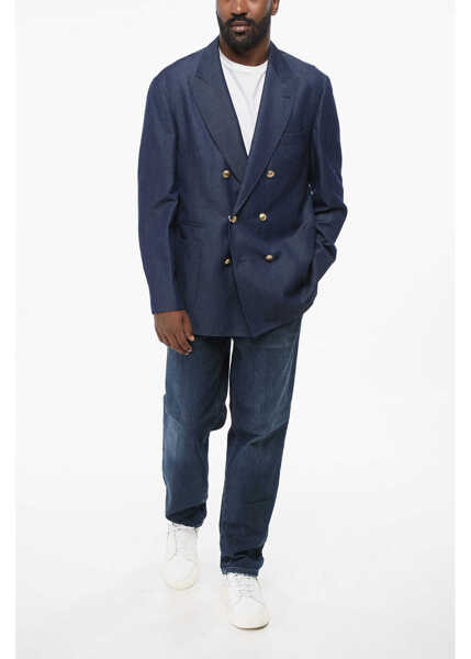 Sacouri Brunello Cucinelli Double-Breasted Linen Blend Blazer With Peak Lapel Blue Barbati (BM 19722068) 4