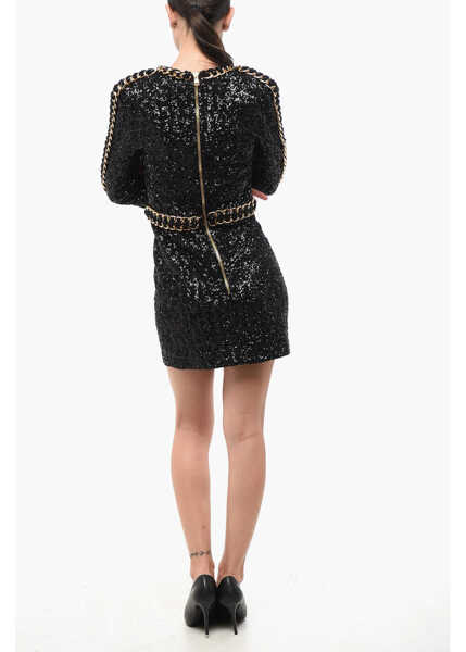 Rochii scurte Balmain Long Sleeved Sequined Mini Dress With Golden Chain Black Femei (BM 19722071) 2