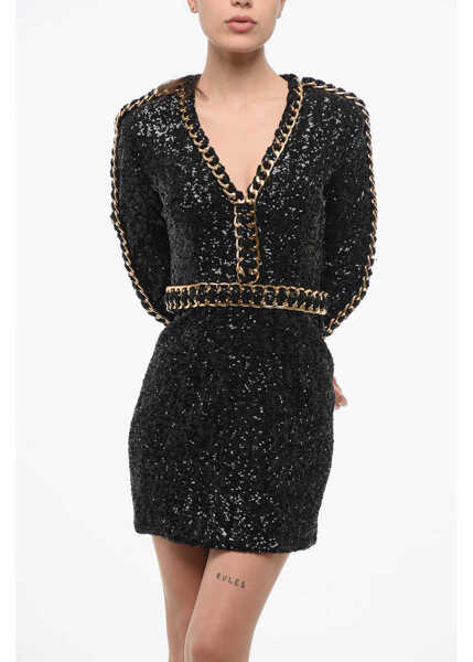 Rochii scurte Balmain Long Sleeved Sequined Mini Dress With Golden Chain Black Femei (BM 19722071) 4