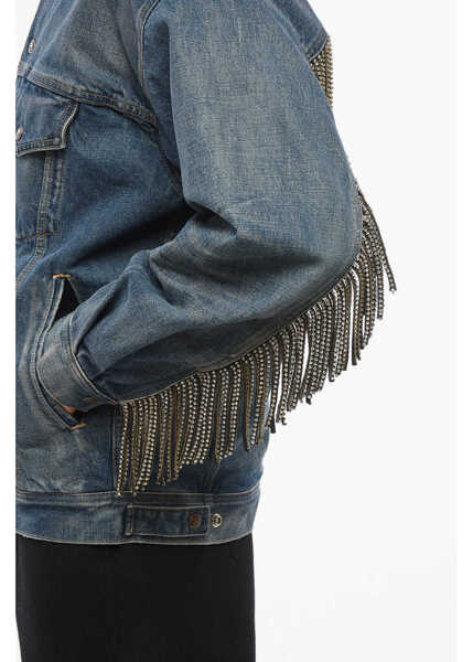 Geci de blugi Cline Shearling Lined Denim Jacket With Rhinestoned Fringes Light Blue Barbati (BM 19722083) 3
