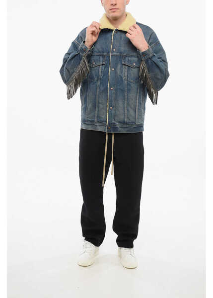 Geci de blugi Cline Shearling Lined Denim Jacket With Rhinestoned Fringes Light Blue Barbati (BM 19722083) 4