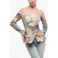 Sacouri Patterned Linen Off-Shoulder Blazer Femei