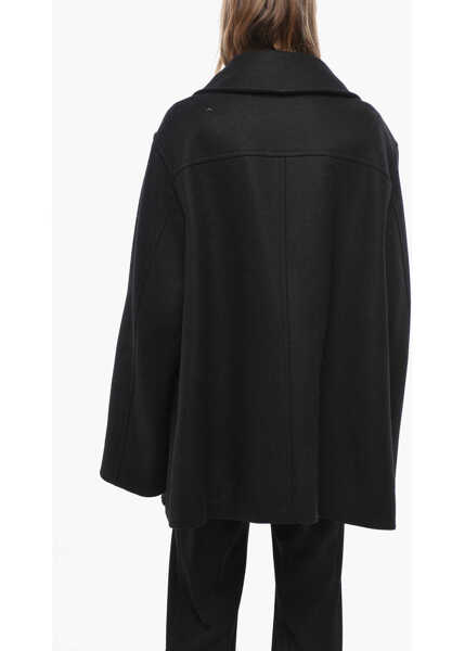 Paltoane Khaite Double-Breasted Wool Blend Coat With Leather Details Black Femei (BM 19722113) 3